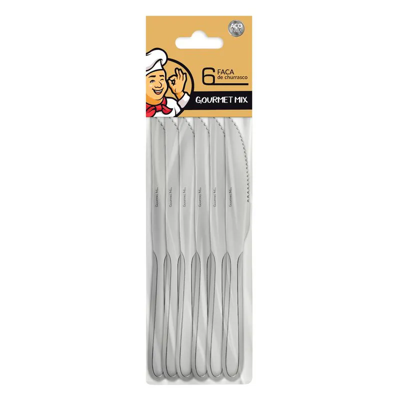 Jogo 24 Peças Faca Inox Talheres Mesa Churrasco Serra Gourmet Ogma Aço resistente
