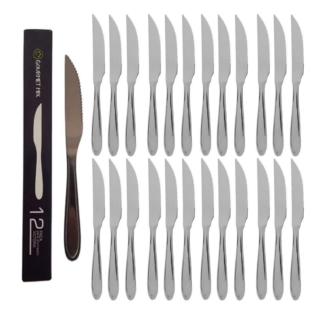 Jogo 24 Peças Faca Inox Talheres Mesa Churrasco Serra Gourmet Aço resistente