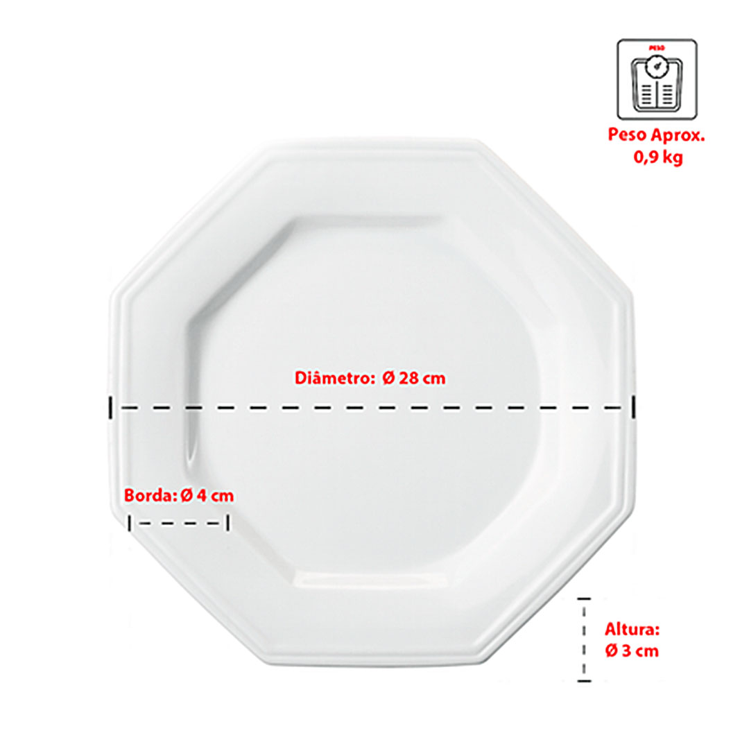 Kit 24 Pratos Rasos Porcelana Branca Octogonal 28cm Schmidt Prisma Reforçada Restaurante