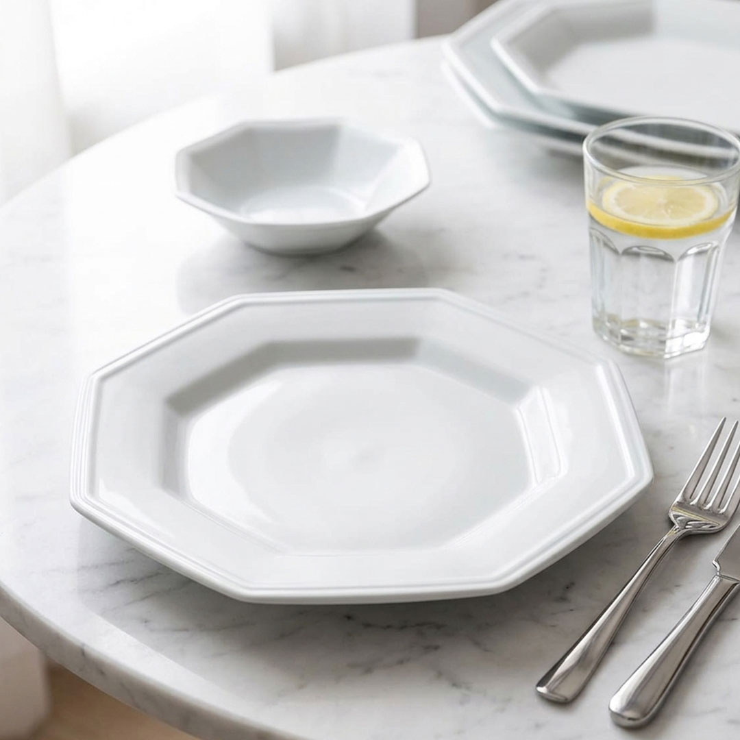 Kit 24 Pratos Rasos Porcelana Branca Octogonal 28cm Schmidt Prisma Reforçada Restaurante