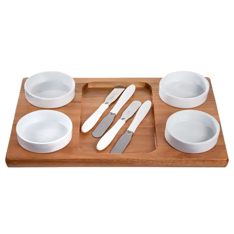 Bandeja Petisqueira Gourmet de Madeira com 4 Molheiras e 4 Espatulas Inox Tabua para Frios Queijos e Petiscos