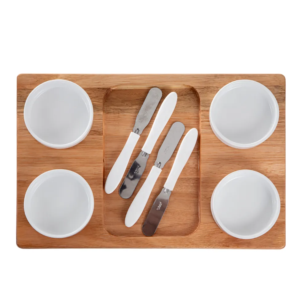 Bandeja Petisqueira Gourmet de Madeira com 4 Molheiras e 4 Espatulas Inox Tabua para Frios Queijos e Petiscos