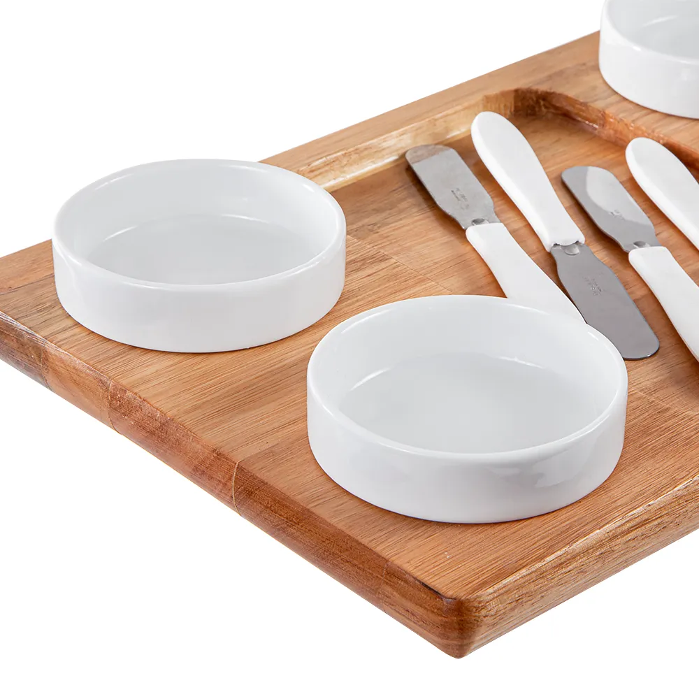 Bandeja Petisqueira Gourmet de Madeira com 4 Molheiras e 4 Espatulas Inox Tabua para Frios Queijos e Petiscos