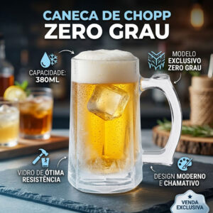 Jogo Canecas de Vidro Chopp Zero Grau 380ml Kit Copos Resistente para Cerveja e Vitamina