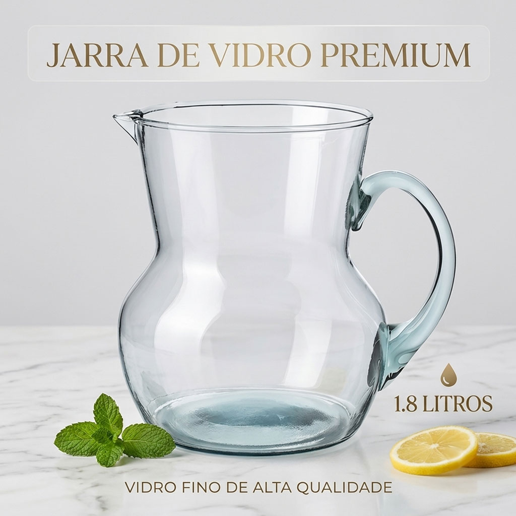 Jarra de Vidro Grande Cristal Elegante 1,8 Litros Vidro Fino Pichorra Transparente Para Suco Água Vidro Resistente