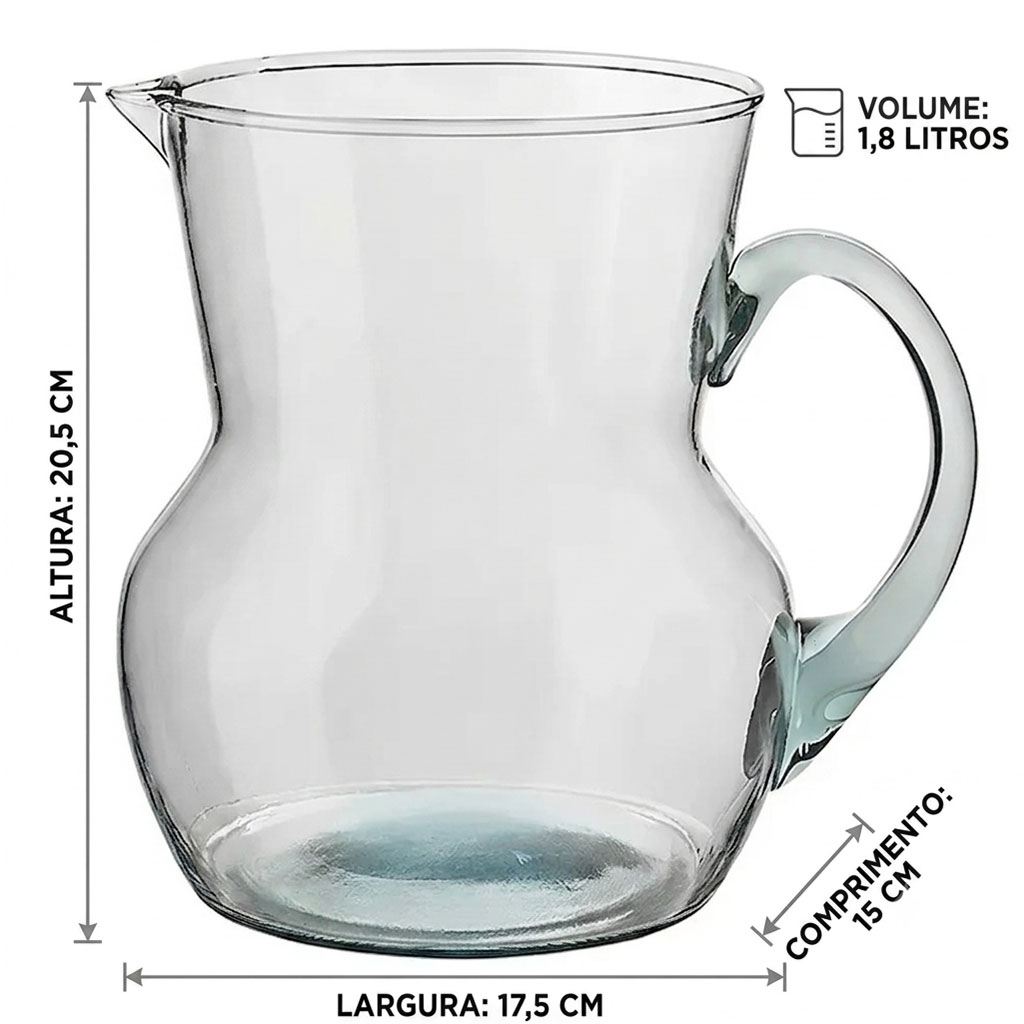Jarra de Vidro Grande Cristal Elegante 1,8 Litros Vidro Fino Pichorra Transparente Para Suco Água Vidro Resistente