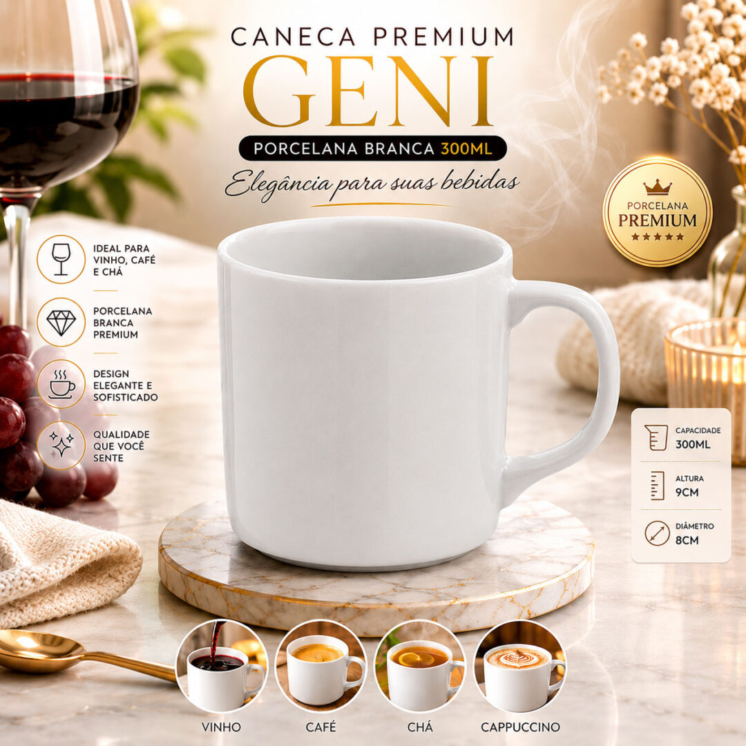 Kit Canecas Porcelana Branca 300ml Café Chá Vinho Restaurante Vip Resistente Alta Durabilidade